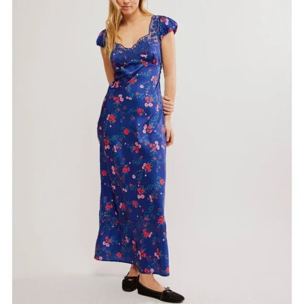 BNWT Free People Navy Blue Floral Lace-Trim Maxi Dress